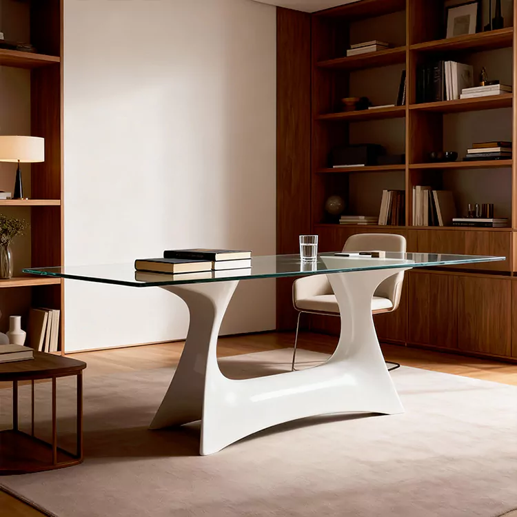 FRP Dining Set na may Sculptural Base at Glass Top